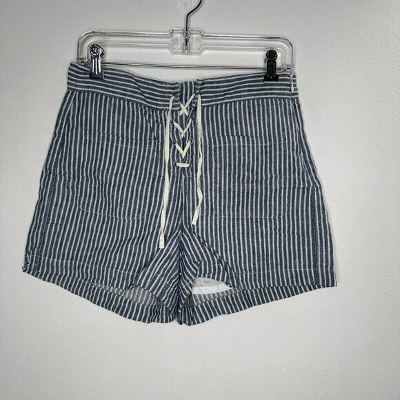 Madewell Jean Blue Off White Striped High Waist Patch Pockets Lace-Up Shorts 4 - Picture 3 of 15